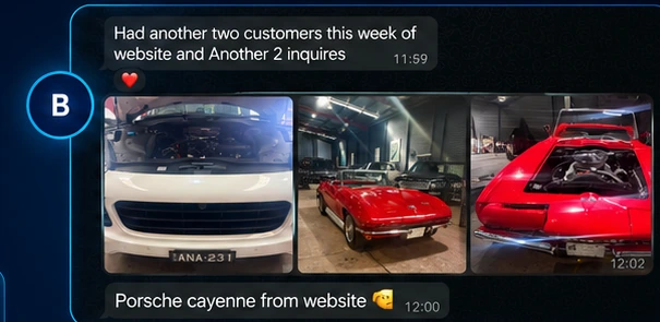 Styled preview of the client message reporting two more customers and two more enquiries from the website