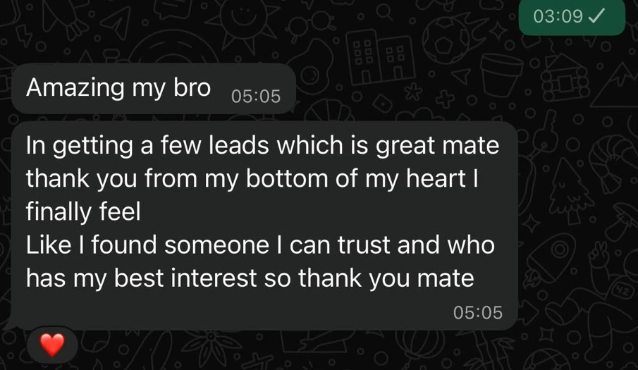 Compact preview of Chad's WhatsApp message about getting leads and finding someone he can trust