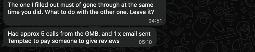Eddie WhatsApp message reporting five calls from the GMB and one email