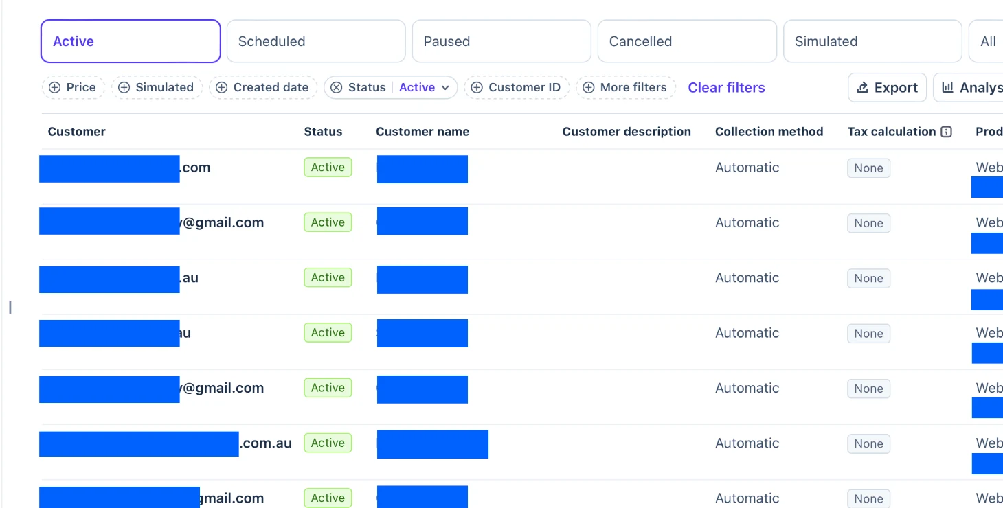Redacted subscription dashboard showing multiple active Booked By Search client subscriptions